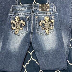 Miss Me Blue Boot Cut Jeans with Gold Fleur-de-Lis Embroidery size 28